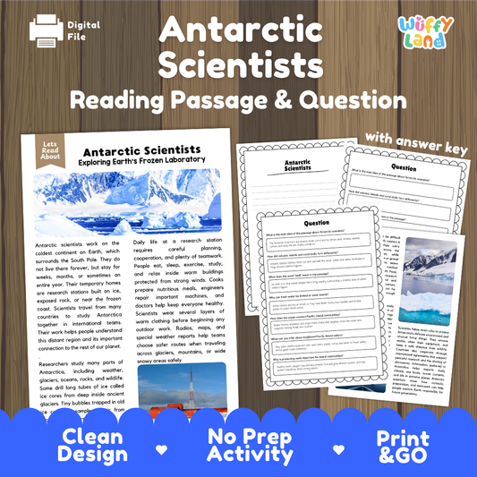 Antarctic Scientists reading comprehension passage and questions printable activity pack with answer key for elementary students