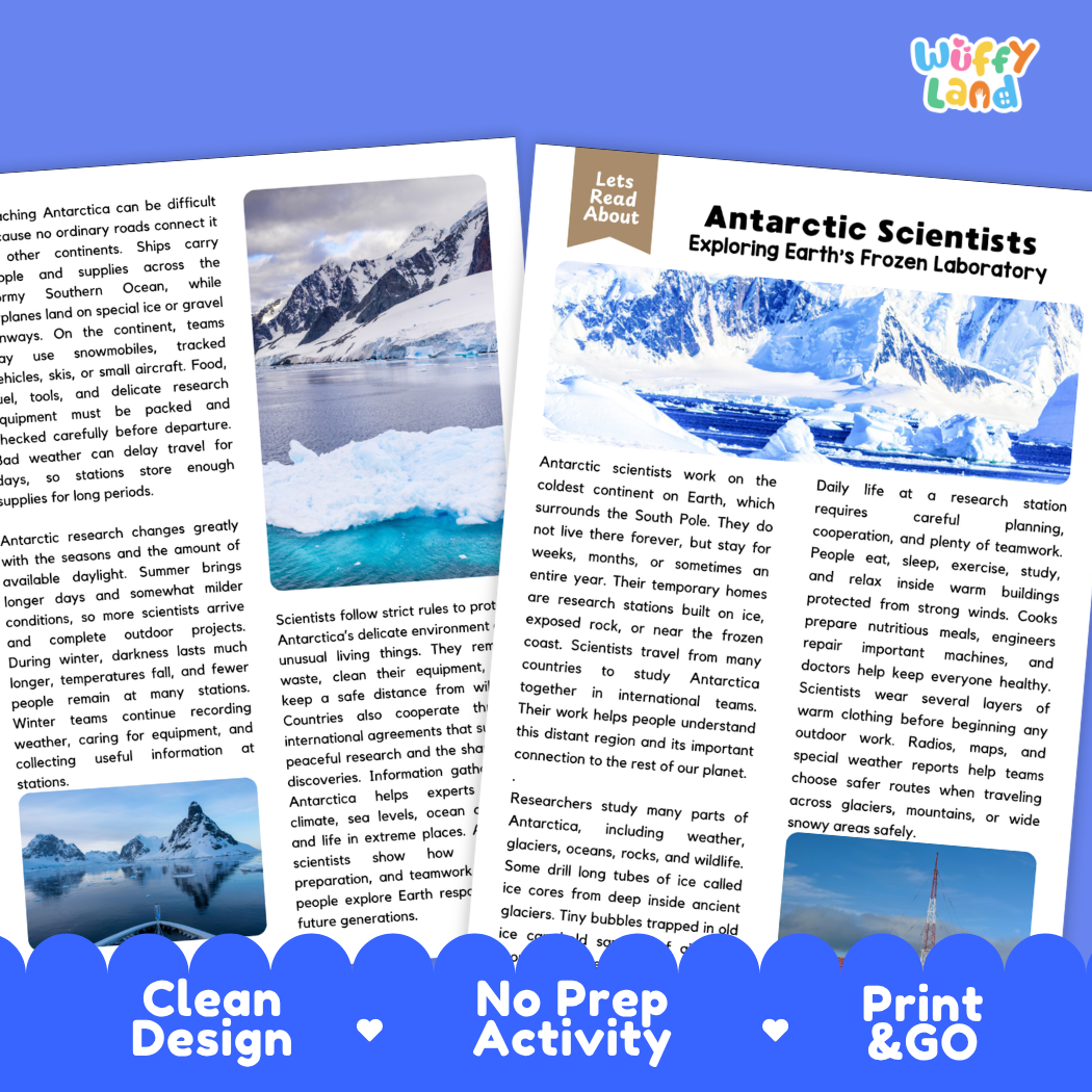 Teacher answer key page showing complete question solutions for Antarctic scientists science reading comprehension practice