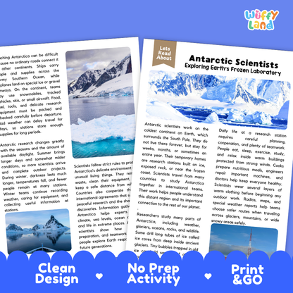 Teacher answer key page showing complete question solutions for Antarctic scientists science reading comprehension practice