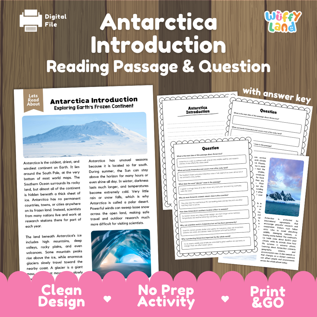 Antarctica Introduction reading comprehension passage and questions printable activity pack with answer key for elementary students