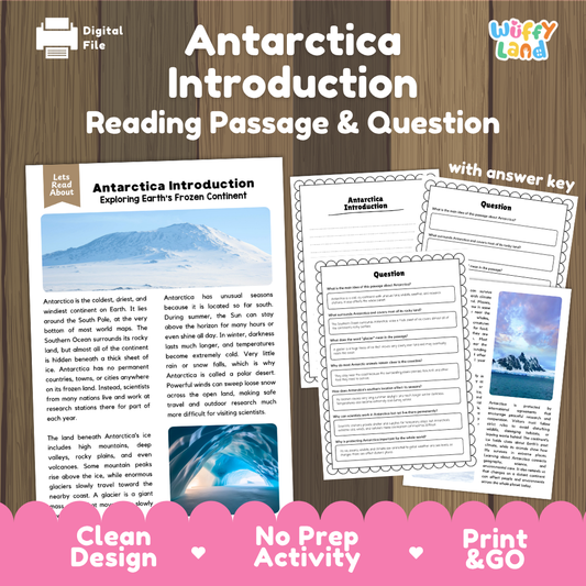 Antarctica Introduction reading comprehension passage and questions printable activity pack with answer key for elementary students