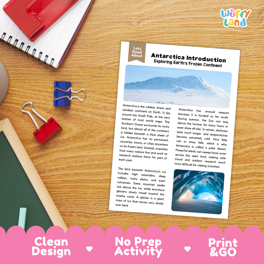 Student reading comprehension worksheet with short-answer questions and lined sections about Antarctica