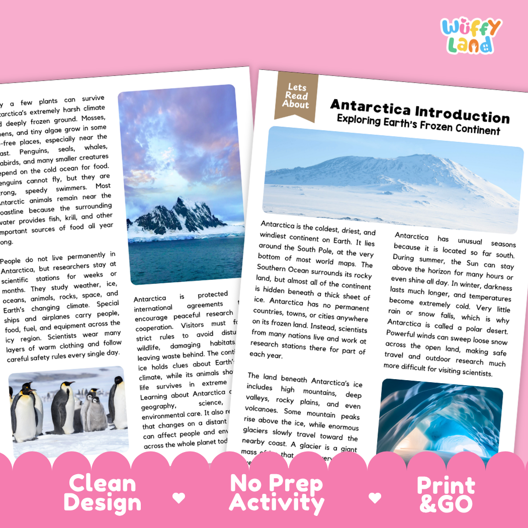 Teacher answer key page showing complete question solutions for Antarctica geography and science reading comprehension practice