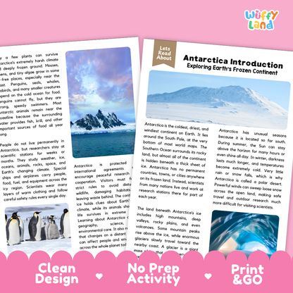 Teacher answer key page showing complete question solutions for Antarctica geography and science reading comprehension practice