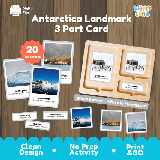 Antarctica landmark 3 part card printable Montessori geography activity pack overview from Wuffy Land featuring 20 landmarks ❄️🧭