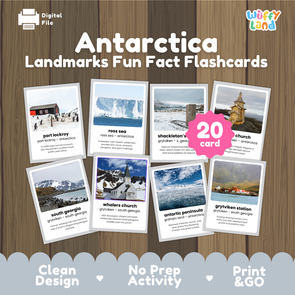Antarctica landmarks fun fact flashcards cover showing 20 cards featuring Port Lockroy, Ross Sea, Shackleton's grave, and Whalers Church