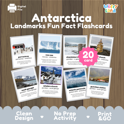 Antarctica landmarks fun fact flashcards cover showing 20 cards featuring Port Lockroy, Ross Sea, Shackleton's grave, and Whalers Church