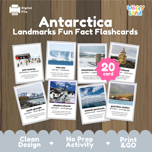 Antarctica landmarks fun fact flashcards cover showing 20 cards featuring Port Lockroy, Ross Sea, Shackleton's grave, and Whalers Church