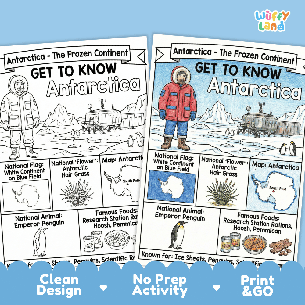 Antarctica Geography Coloring Poster and Fact Sheet Printable Worksheets