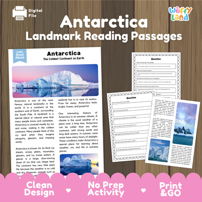 Digital reading activity bundle for Antarctica, featuring a digital file icon, the title 'Antarctica Landmark Reading Passages,' a sample article page, worksheet pages, and a 'Wiffly Land' logo on a wood-textured background with pink 'Clean Design,' 'No Prep Activity,' and 'Print & GO' banners at the bottom.