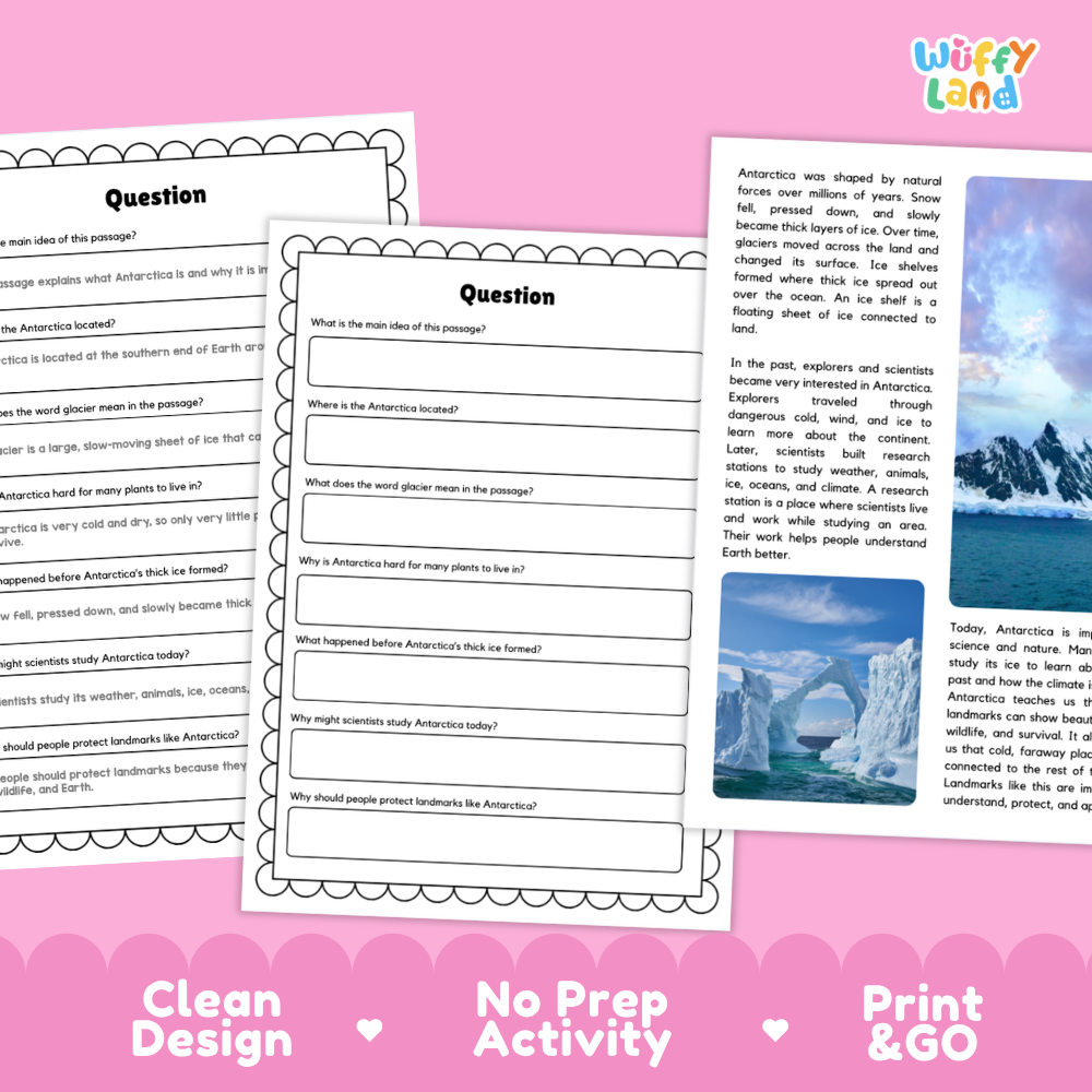 Antarctica Landmark Reading Passage and Comprehension Questions Worksheets