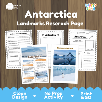 Digital worksheet cover for an Antarctica landmarks research page activity, shown on a wood background with sample pages and a blue banner reading 'Clean Design', 'No Prep Activity', and 'Print & GO'. Brand logo 'Wiffly Land' appears in the top right.