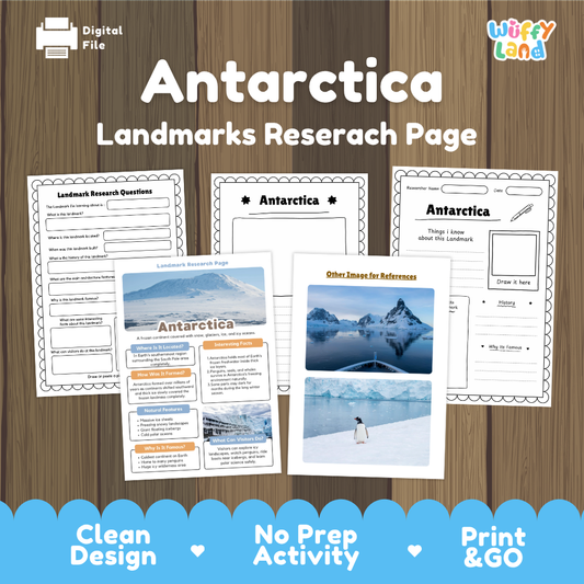 Digital worksheet cover for an Antarctica landmarks research page activity, shown on a wood background with sample pages and a blue banner reading 'Clean Design', 'No Prep Activity', and 'Print & GO'. Brand logo 'Wiffly Land' appears in the top right.