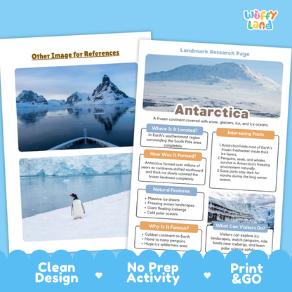 Educational Antarctica landmass research page from Wiffy Land, displayed on a light blue background with a placeholder reference image of a boat on icy water. The page features a map, polar facts, natural features, and visitor information.