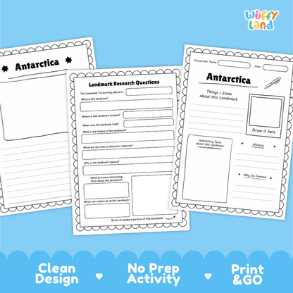 Three printable worksheet pages about Antarctica arranged on a light blue background, with the Wiffy Land logo in the top right and marketing text along the bottom: Clean Design, No Prep Activity, Print & Go.