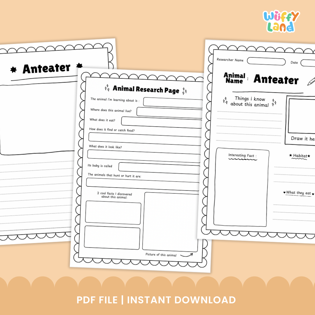 Anteater Animal Research Project printable worksheet set designed for kids to explore facts about anteaters. Includes templates for drawing, writing about appearance, habitat, diet, adaptations, and life cycle, as well as reference images of anteaters. Perfect for classroom animal studies, science centers, or homeschool research projects.