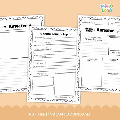 Anteater Animal Research Project printable worksheet set designed for kids to explore facts about anteaters. Includes templates for drawing, writing about appearance, habitat, diet, adaptations, and life cycle, as well as reference images of anteaters. Perfect for classroom animal studies, science centers, or homeschool research projects.