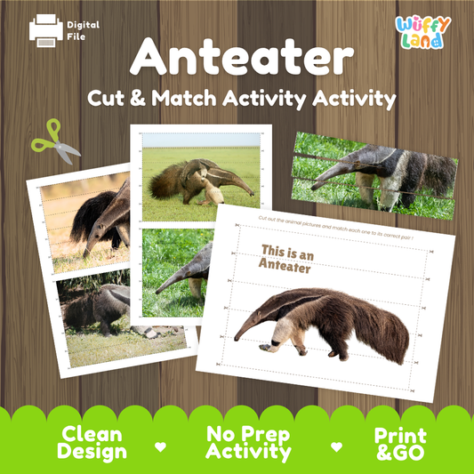 Anteater cut and match activity sheet set by Wiffy Land, featuring animal photos and a printable worksheet on a wood-grain background with green banner accents.