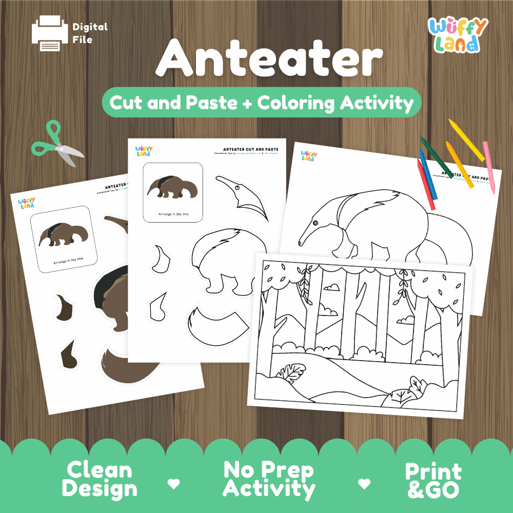 Anteater Cut and Paste Coloring Activity Worksheets