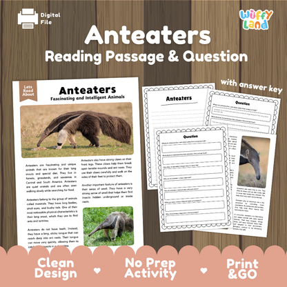 Anteaters Reading Passage and Comprehension Questions Worksheets with Answer Key