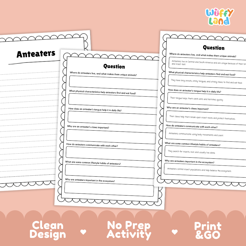 Anteaters Reading Passage and Comprehension Questions Worksheets with Answer Key