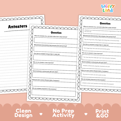 Anteaters Reading Passage and Comprehension Questions Worksheets with Answer Key