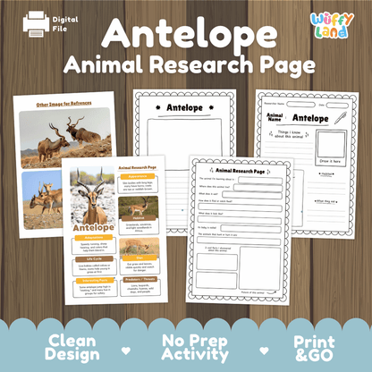 Antelope Animal Research Page printable worksheet set by Wiffy Land, displayed on a wood-grain background. The set includes a reference page with images of antelopes, an animal profile page, and two blank research pages.