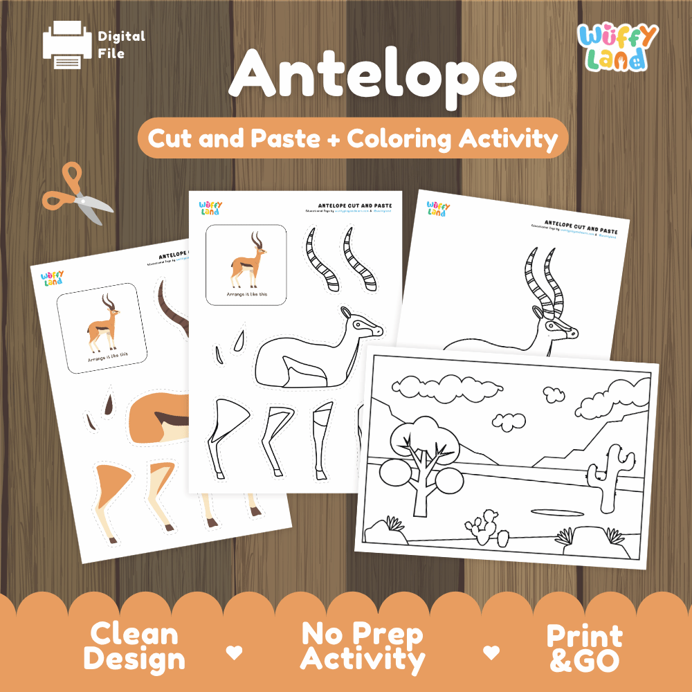 Antelope Cut and Paste Coloring Activity Worksheets