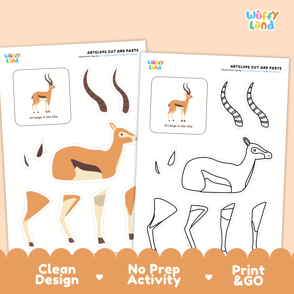 Antelope Cut and Paste Coloring Activity Worksheets
