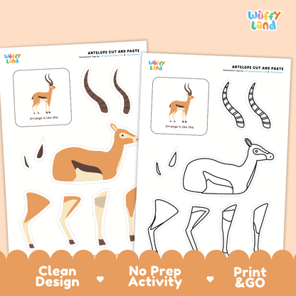 Antelope Cut and Paste Coloring Activity Worksheets