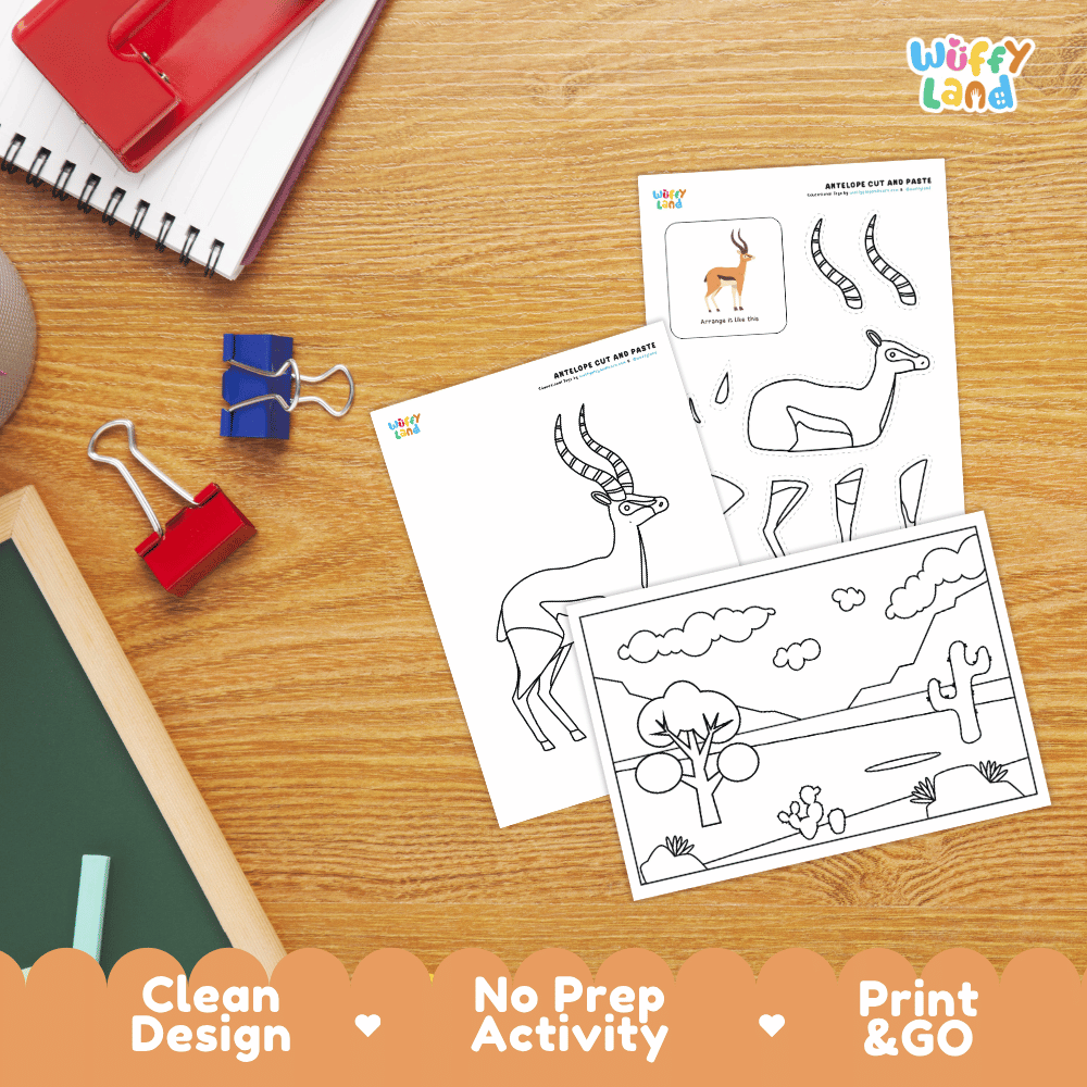 Antelope Cut and Paste Coloring Activity Worksheets