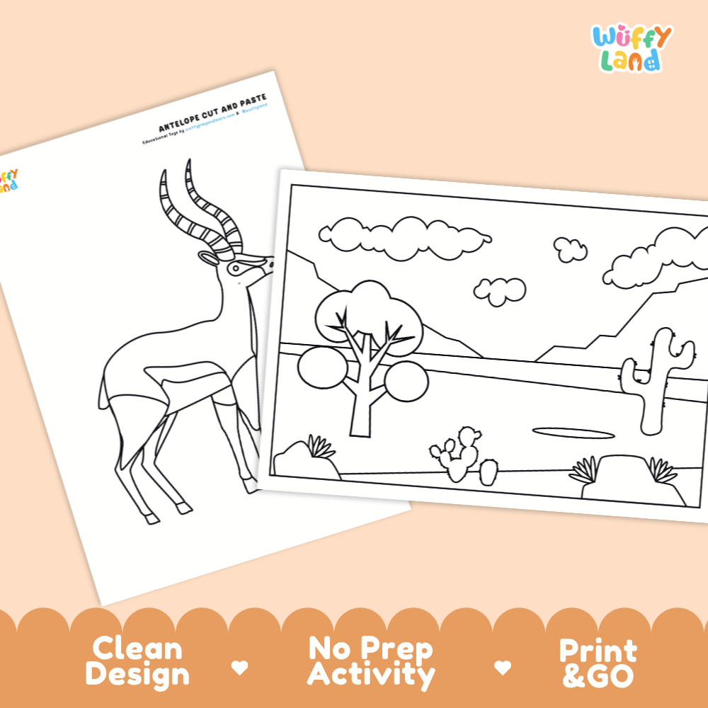 Antelope Cut and Paste Coloring Activity Worksheets