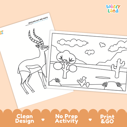 Antelope Cut and Paste Coloring Activity Worksheets