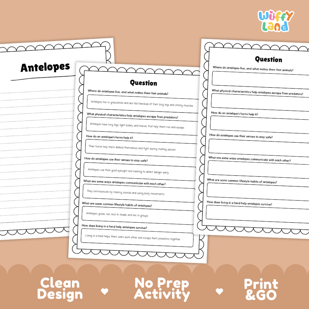 Three printable worksheet pages for a children's antelope activity are shown on a peach background. The pages have black scalloped borders and text boxes with questions about antelope characteristics and behavior.