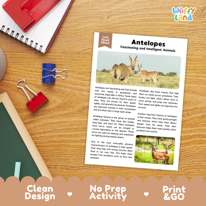 An educational activity sheet titled 'Antelopes Fascinating and Intelligent Animals' displayed on a wooden desk with a spiral notebook, red binder clips, and colored pencils. The sheet features text, a main illustration of two antelopes, and a smaller one-horned antelope with a herd.