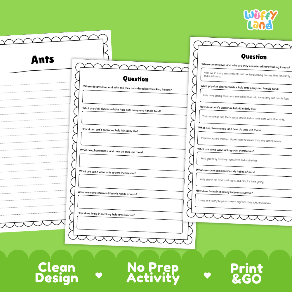 Three printable science activity sheets for ants displayed on a bright green background, with text reading 'Clean Design', 'No Prep Activity', and 'Print & GO'. The sheets show black text on white paper with scalloped borders and question prompts about ant behavior and anatomy.