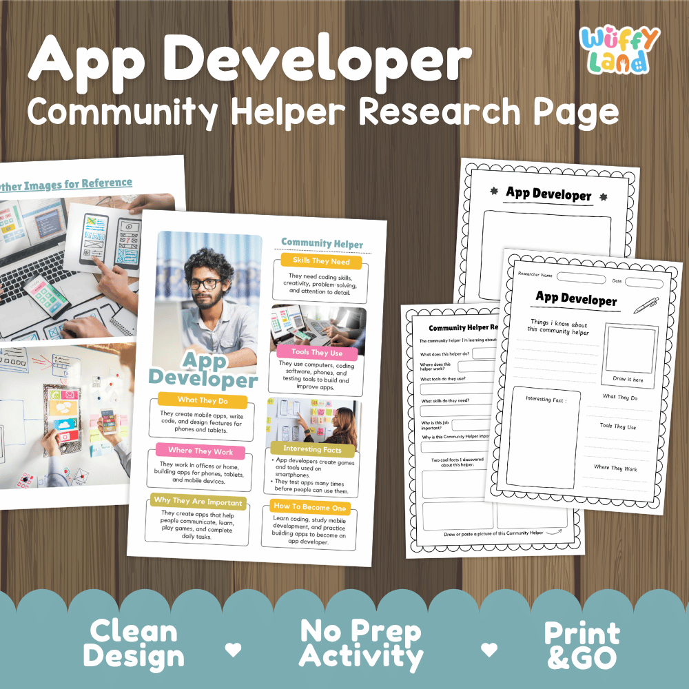 App developer community helper research page writing worksheets pack featuring real photos and student activity pages for elementary social studies and STEM