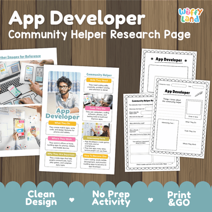 App developer community helper research page writing worksheets pack featuring real photos and student activity pages for elementary social studies and STEM