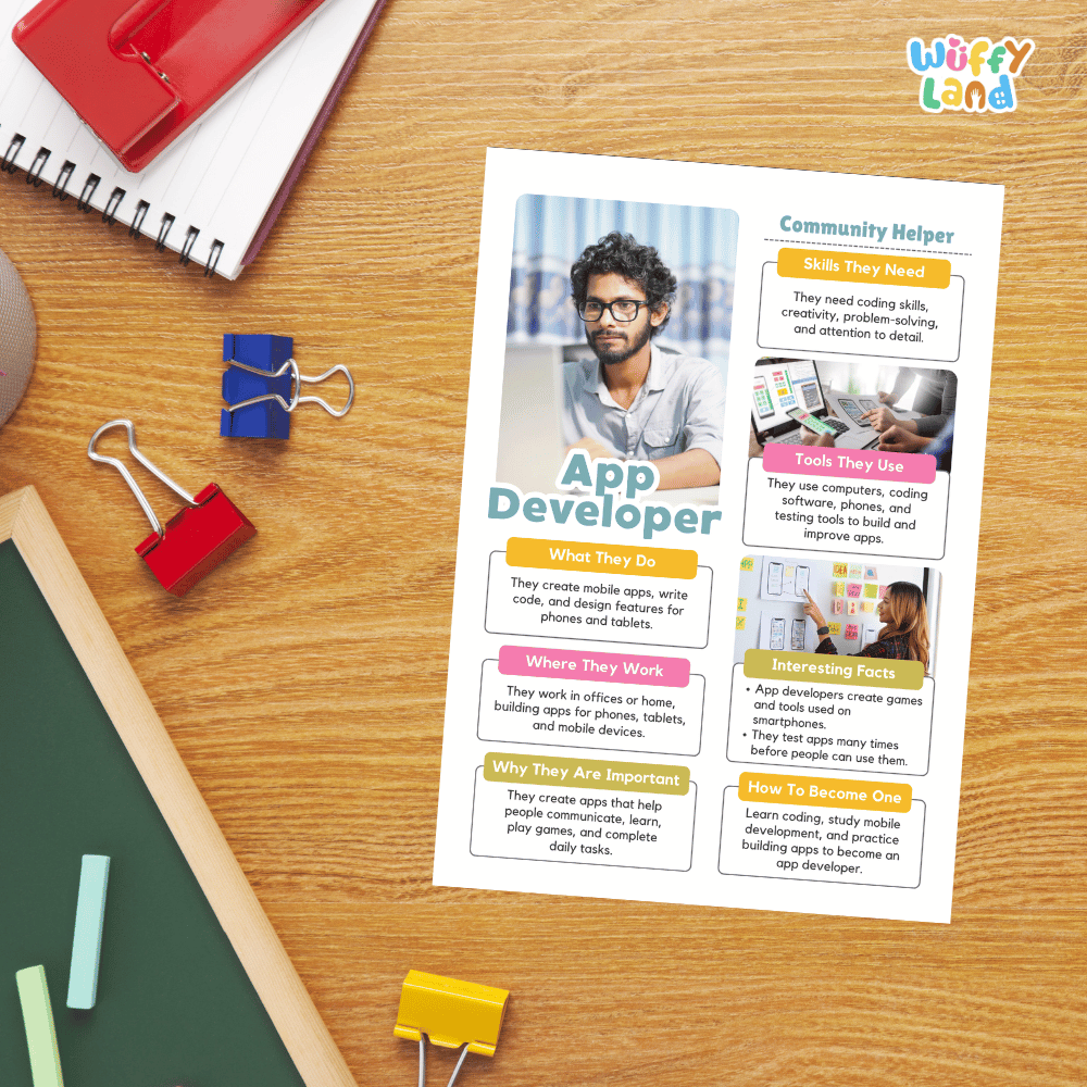 Guided student writing worksheets with lined sections for recording facts and a dedicated box for drawing or pasting a picture of an app developer