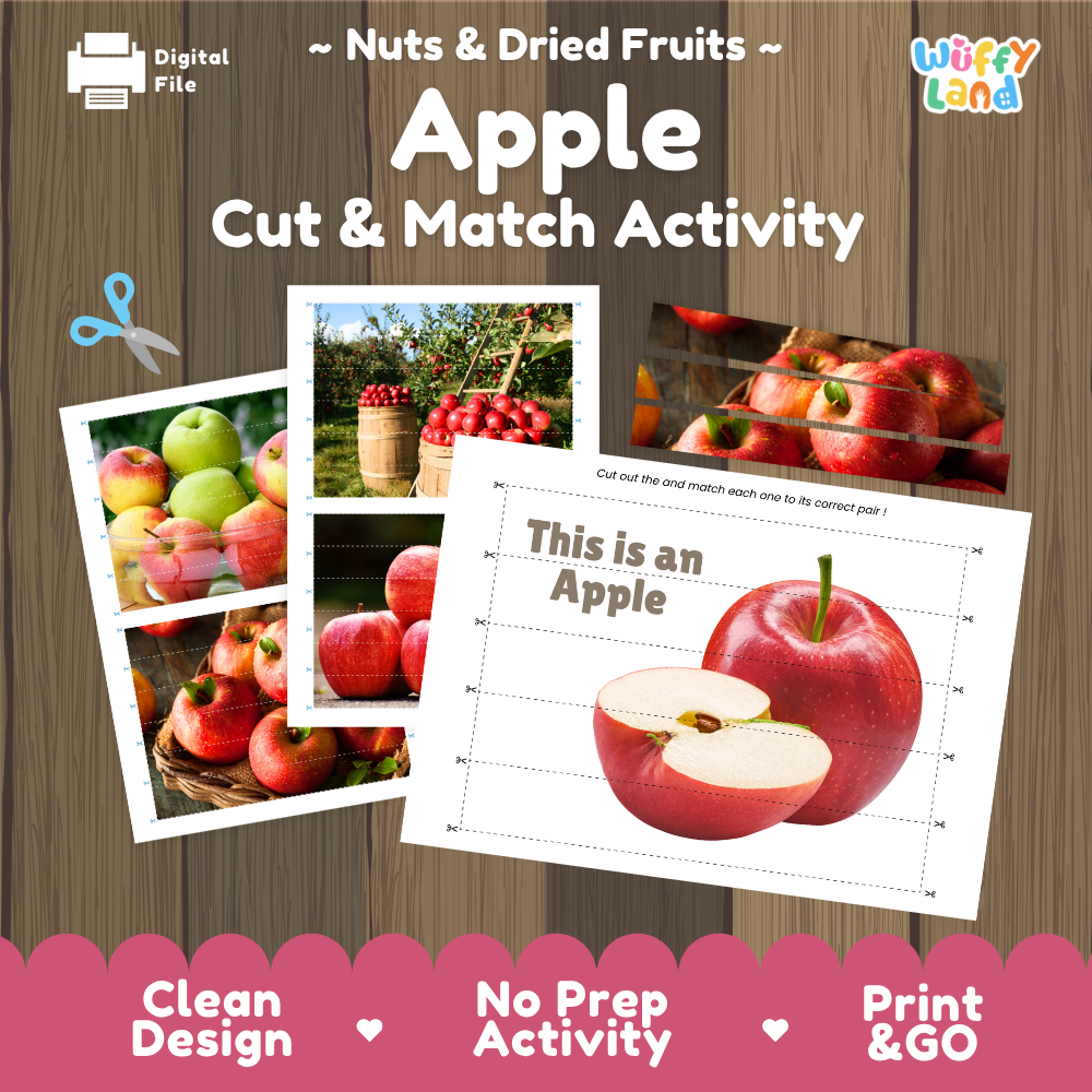 Apple cut and match activity cover showing printable fine motor puzzle sheets and fruit photographs