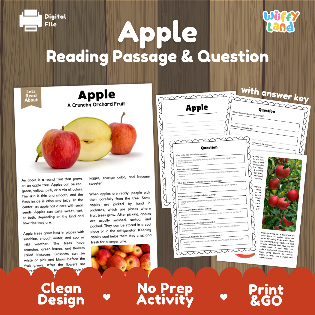 Apple reading comprehension passage and questions printable activity pack with answer key for elementary students