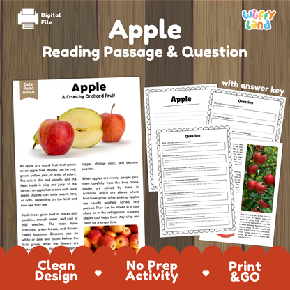 Apple reading comprehension passage and questions printable activity pack with answer key for elementary students