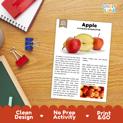 Student reading comprehension worksheet with short-answer questions and lined sections about the apple fruit