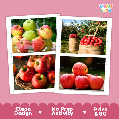Printable activity sheets featuring photographic apple puzzle boards and cutting guides