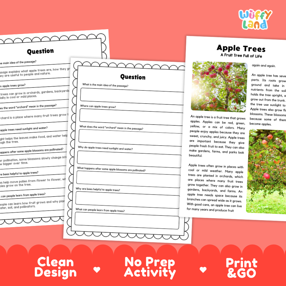 Printable reading passage detailing apple trees, fruit growth, and orchard environments