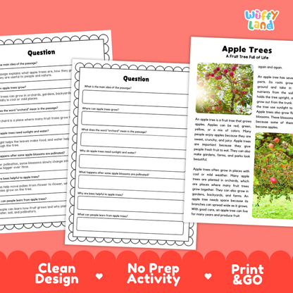 Printable reading passage detailing apple trees, fruit growth, and orchard environments