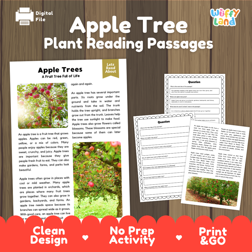 Apple tree plant reading passages cover showing printable reading texts, comprehension worksheets, and photographic visuals