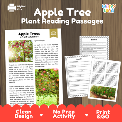 Apple tree plant reading passages cover showing printable reading texts, comprehension worksheets, and photographic visuals