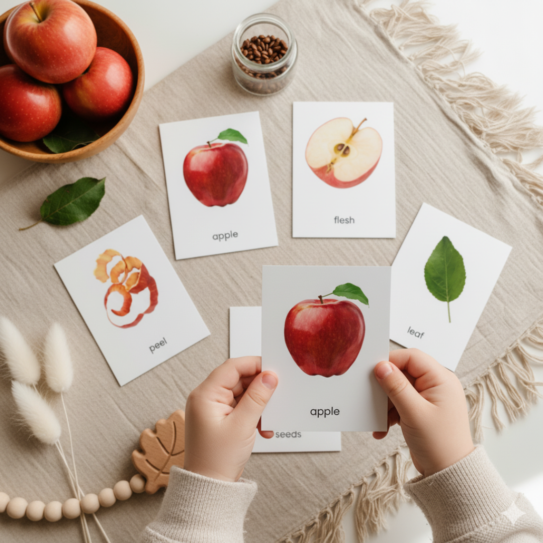 A set of apple anatomy flashcards showing realistic illustrations of apple parts such as the peel, leaf, seeds, and the whole apple. Includes three-part cards with matching labels for each part, designed for Montessori-style hands-on learning activities. Perfect for teaching children apple anatomy and vocabulary.