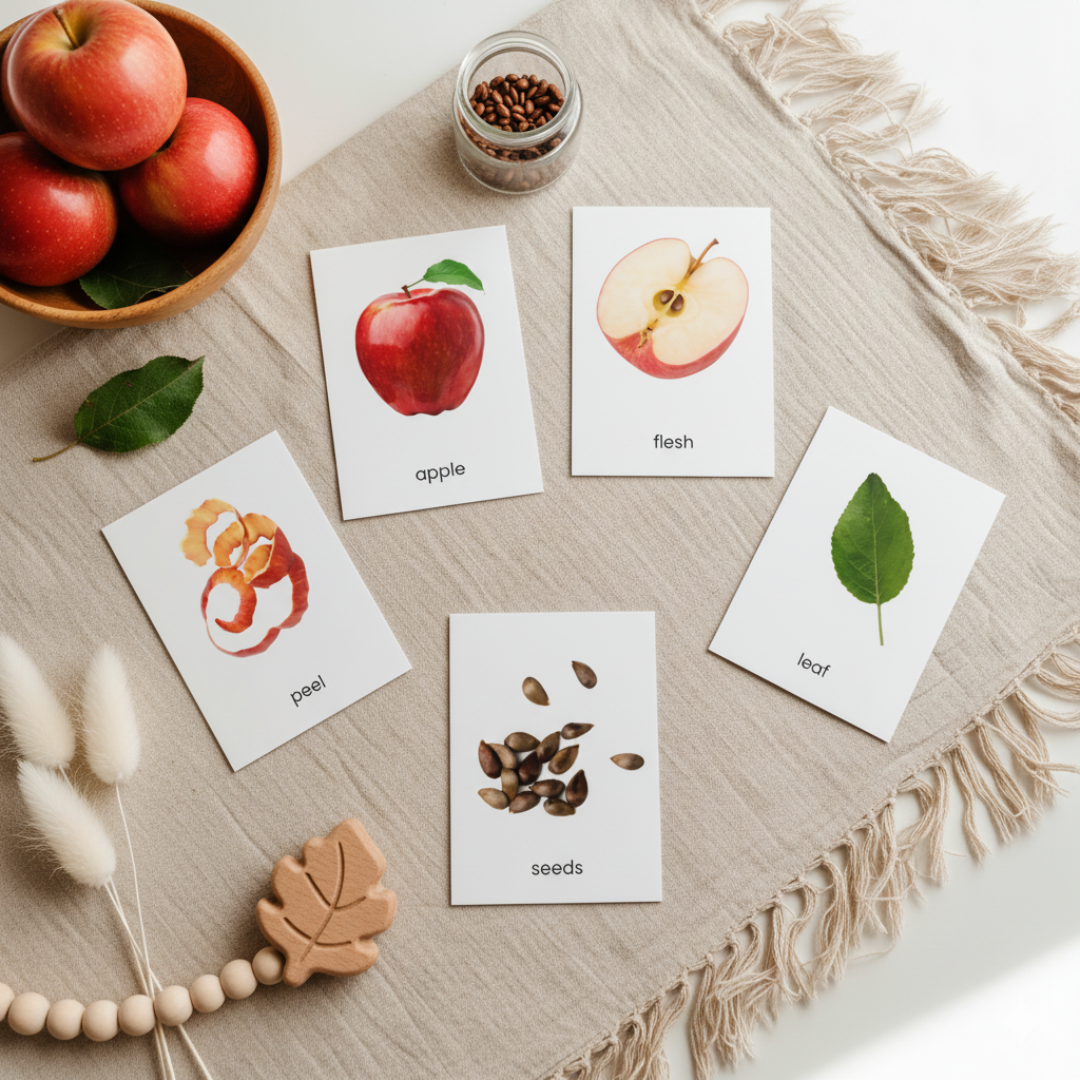 A set of apple anatomy flashcards showing realistic illustrations of apple parts such as the peel, leaf, seeds, and the whole apple. Includes three-part cards with matching labels for each part, designed for Montessori-style hands-on learning activities. Perfect for teaching children apple anatomy and vocabulary.